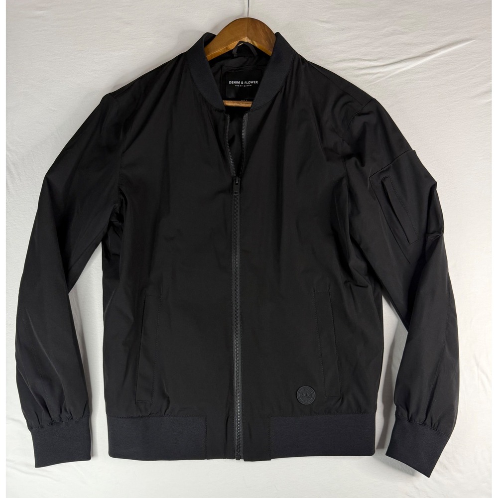 Denim & Flower Bomber Jacket Mens Small Black Excellent Full Zip Utility Pocket